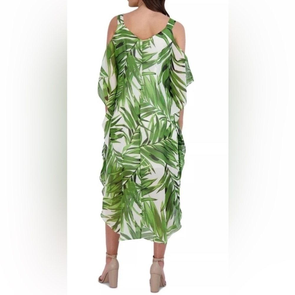 Signature By Robbie Bee Cold Shoulder Batwing Sleeve Dress Tropical Leaf, M
